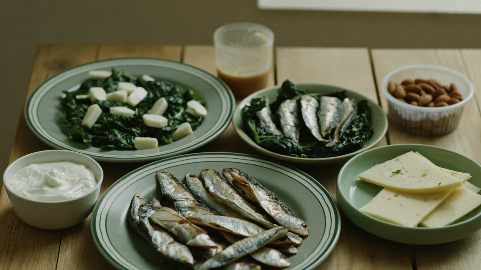 Calcium rich whole foods including leafy greens, sardines, cheese and almonds on a wooden table